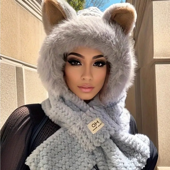Accessories - Gray Faux Fur Hooded Scarf with Ears